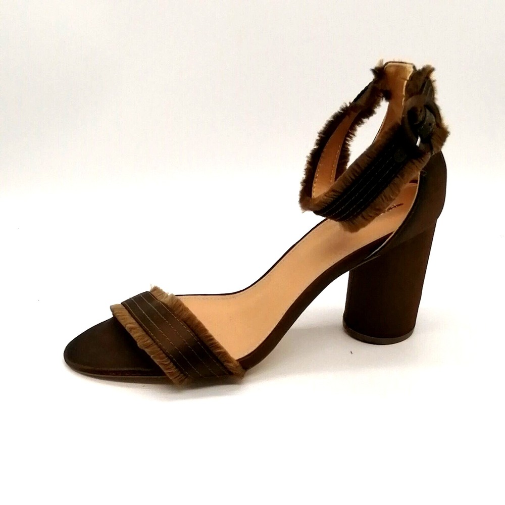 Express Shoes Womens Brown 10 Buckle Strap Sandal Faux Suede Fringe Evening